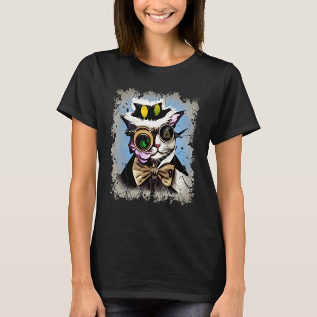 T-shirt Chat cyborg Illuminati effrayant monocle vapeur je (Devant)