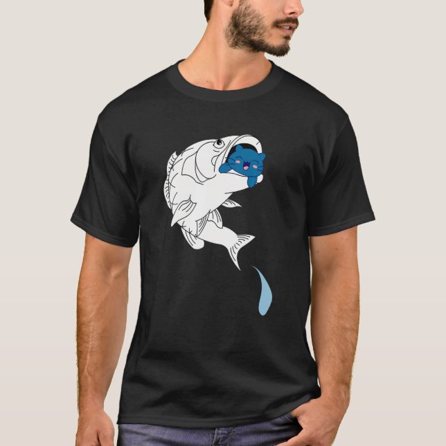 T-shirt Chat Dans La Bouche De Poisson Chat Poisson  Pêche (Devant)