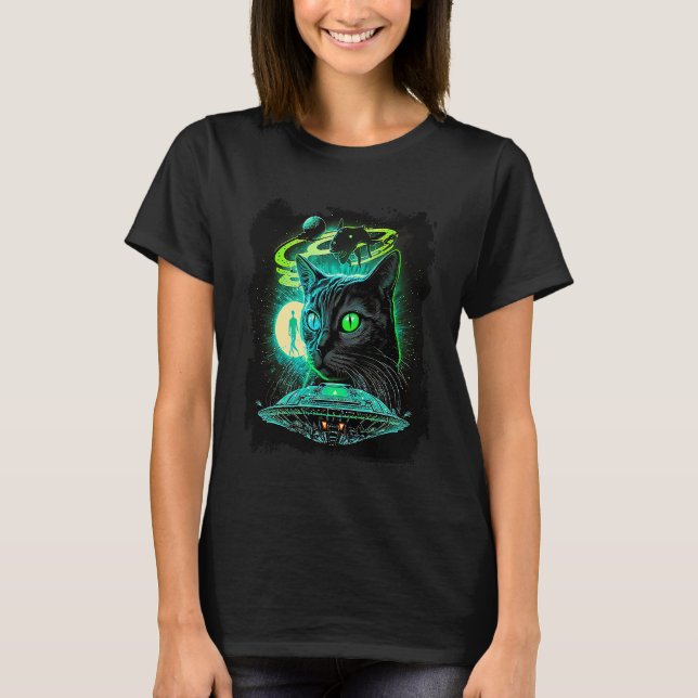 T-shirt Chat Dans L'espace Alien Abduction UFO Science-Fic (Devant)