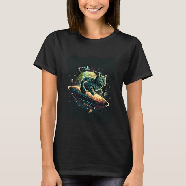 T-shirt Chat dans l'espace chevauchant la comète UFO Fan d (Devant)