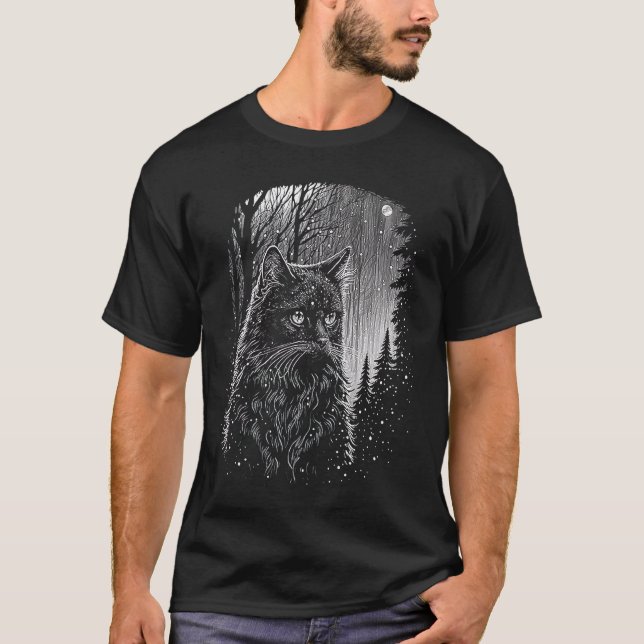 T-shirt Chat dans une forêt enneigée (Devant)