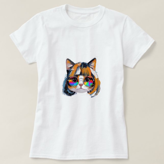 T-shirt Chat dans une perruque + Lunettes de soleil (Peint (Design devant)