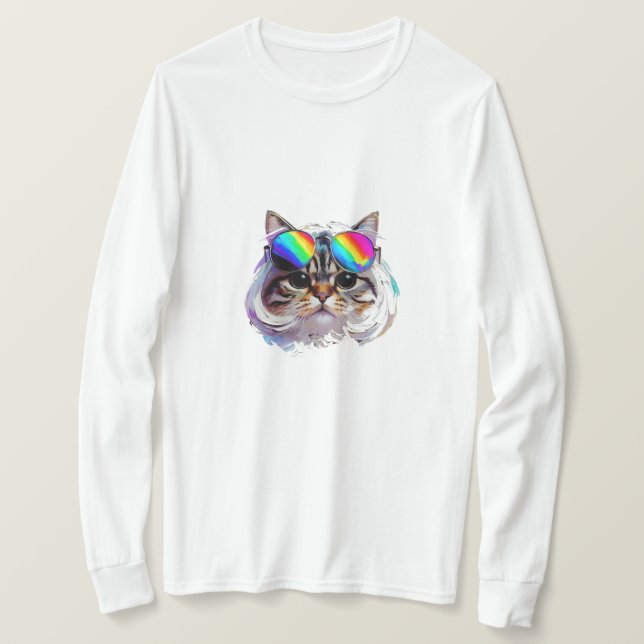T-shirt Chat dans une perruque + Lunettes de soleil (Peint (Design devant)