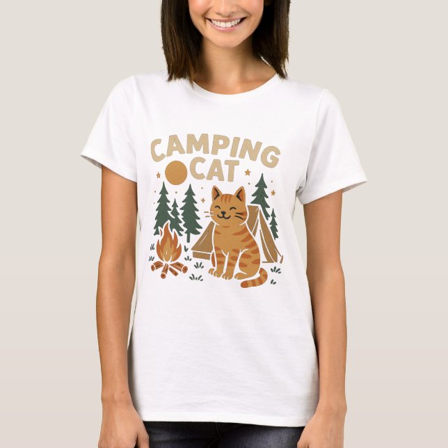 T-shirt Chat de camping avec tente et feu de camp (Devant)