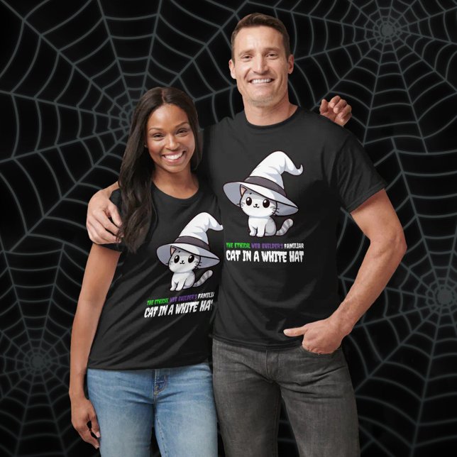 T-shirt Chat de Casquette blanc familier de Funny Ethical  (Funny Ethical Web Builder's Familiar White Hat Cat T-Shirt Cover Photo (Unisex))