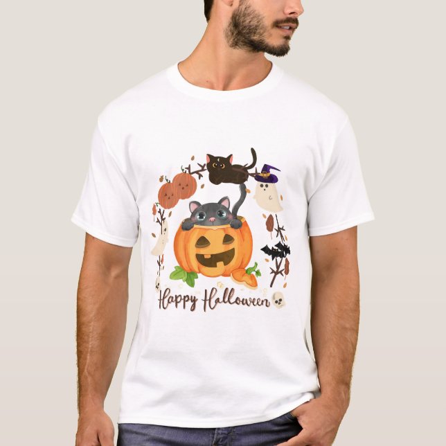 T-shirt Chat de citrouille d'Halloween (Devant)