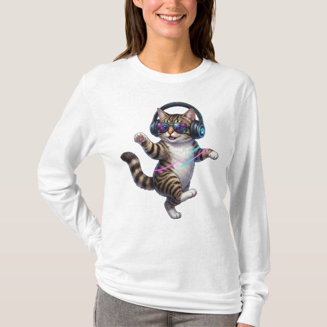 T-shirt Chat de danse cool avec casque audio et lunettes d (Devant)