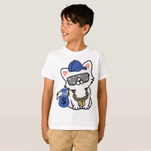 T-shirt Chat de dessin animé Cool Cash (Devant entier)