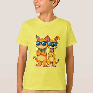 T-shirt Chat de dessin animé et chien portant des lunettes