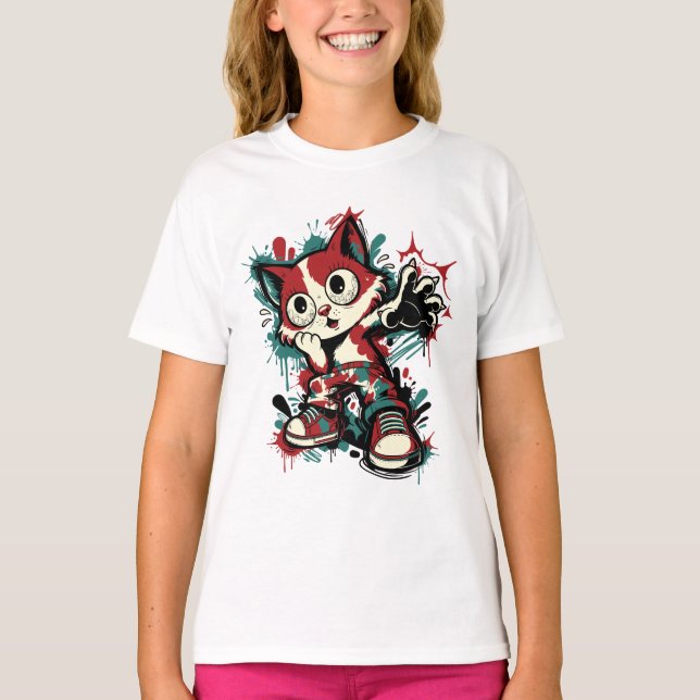 T-shirt Chat de dessin animé graffiti mignon (Devant)