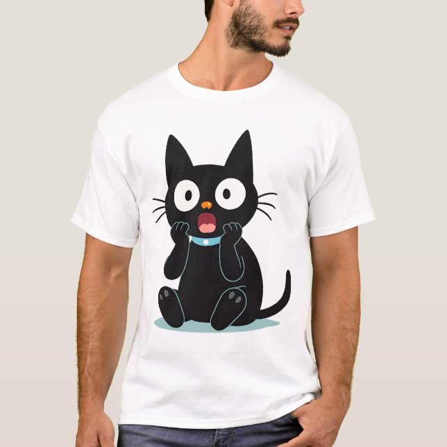 T-shirt Chat de dessin animé noir surpris (Devant)