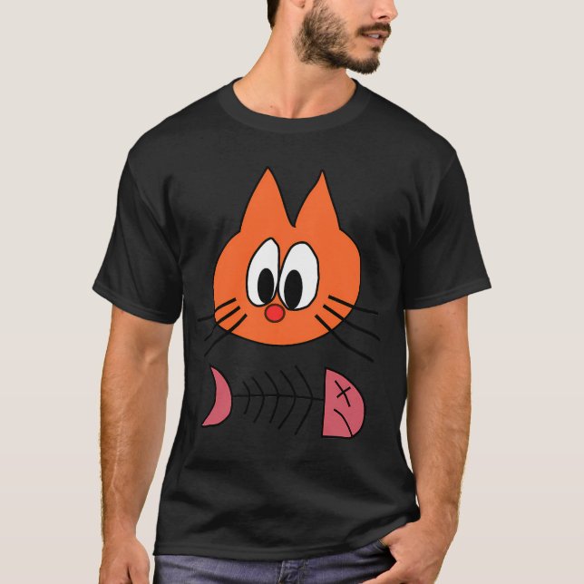 T-shirt Chat de dessin animé orange avec restes de poisson (Devant)