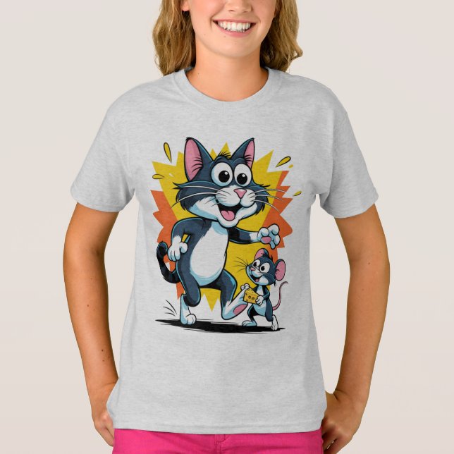 T-shirt Chat de dessin et chasse de souris (Devant)