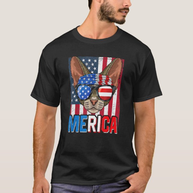 T-shirt Chat de Devon Rex Merica 4 juillet  Drapeau améric (Devant)