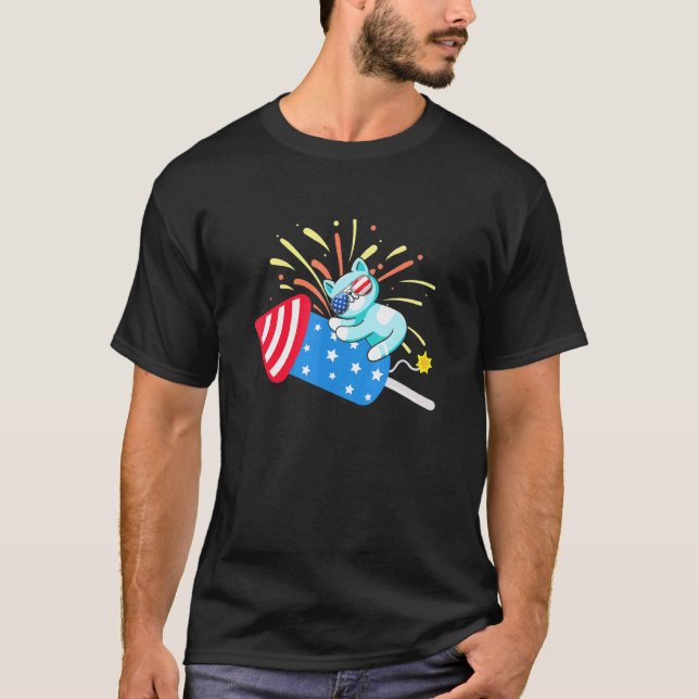T-shirt Chat de fusée d'astronaute patriotique Drapeau amé (Devant)
