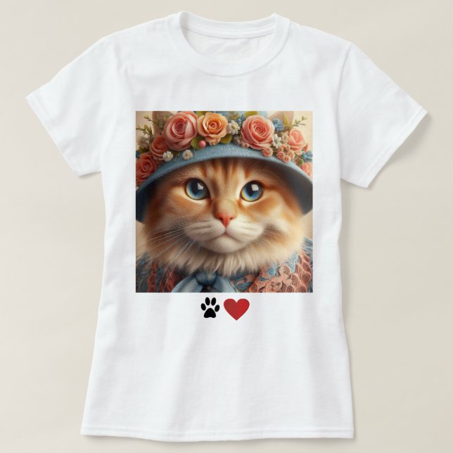 T-shirt Chat de gingembre en Casquette bleu avec Amoureux  (Design devant)