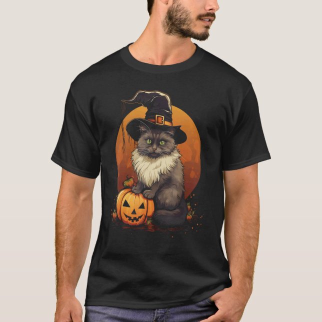 T-shirt Chat de Halloween Chapeau de Sorcière Citrouille (Devant)