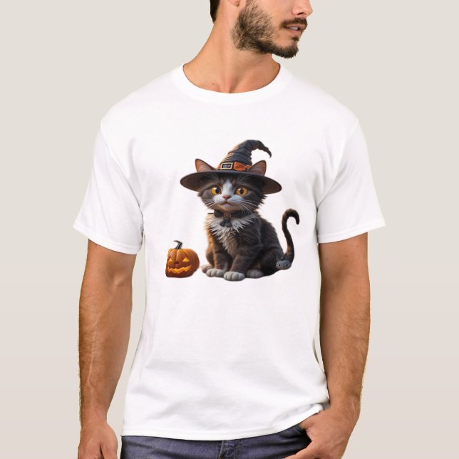 T-shirt Chat de Halloween charmant avec chapeau de sorcièr (Devant)