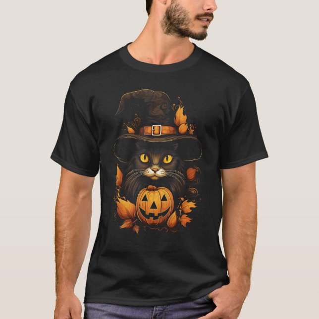 T-shirt Chat de Halloween Citrouille Automne Sorcière Chap (Devant)