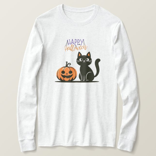T-shirt Chat de Halloween heureux & citrouille (Design devant)