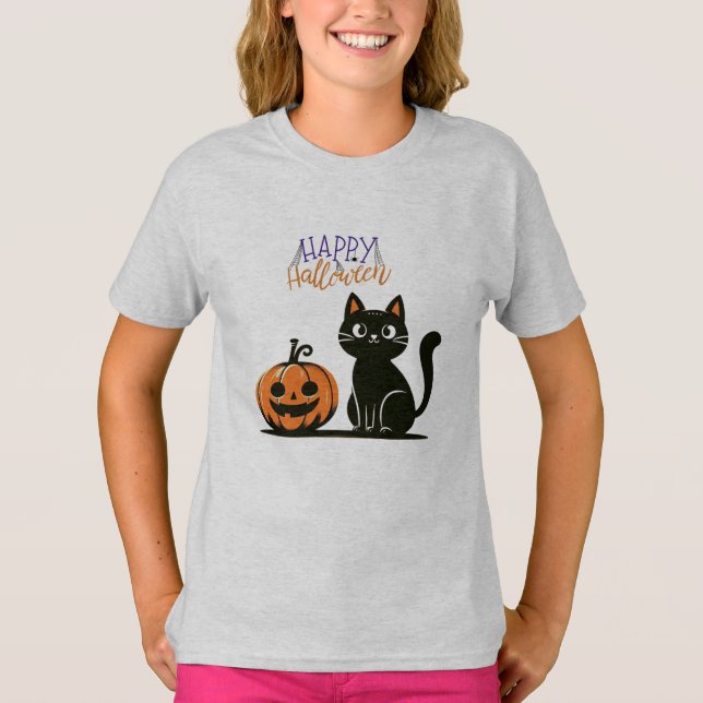 T-shirt Chat de Halloween heureux & citrouille (Devant)
