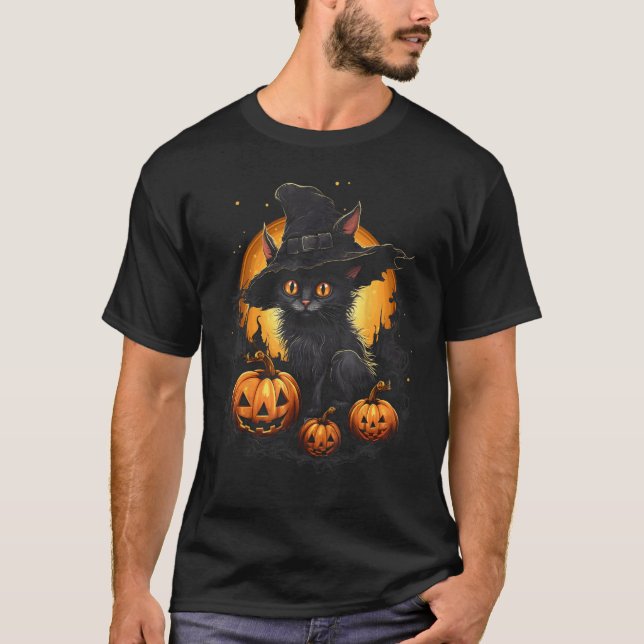 T-shirt Chat de Halloween Sorcière Chapeau JackOLanterne (Devant)