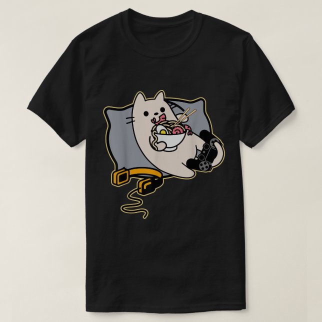 T-shirt Chat de joueur Kawaii mangeant du Ramen (Design devant)