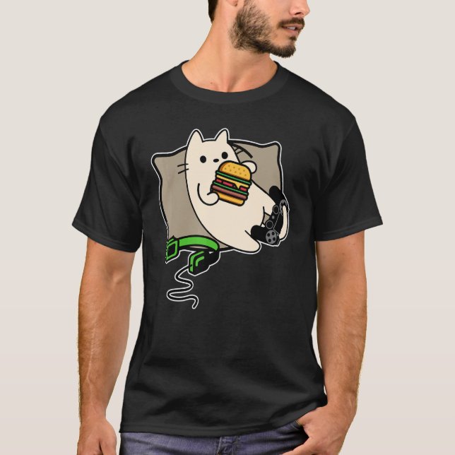 T-shirt chat de joueur nerd mangeant un hamburger chargeme (Devant)