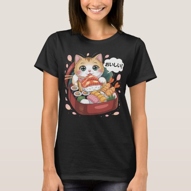 T-shirt Chat de Kawaii avec sushi (Devant)