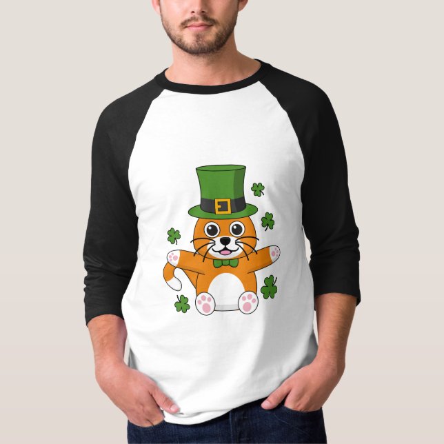 T-shirt Chat de la Saint Patrick avec dessin Shamrock (Devant)