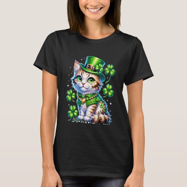 T-shirt Chat de la Saint-Patrick Chapeau de Leprechaun Trè (Devant)