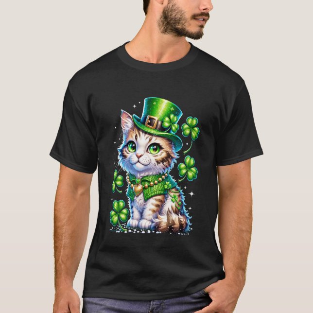 T-shirt Chat de la Saint-Patrick Chapeau de Leprechaun Trè (Devant)