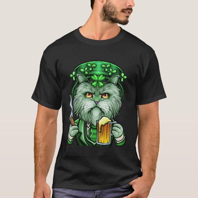 T-shirt Chat de la Saint-Patrick Lutin Bière Cigare Fumée  (Devant)