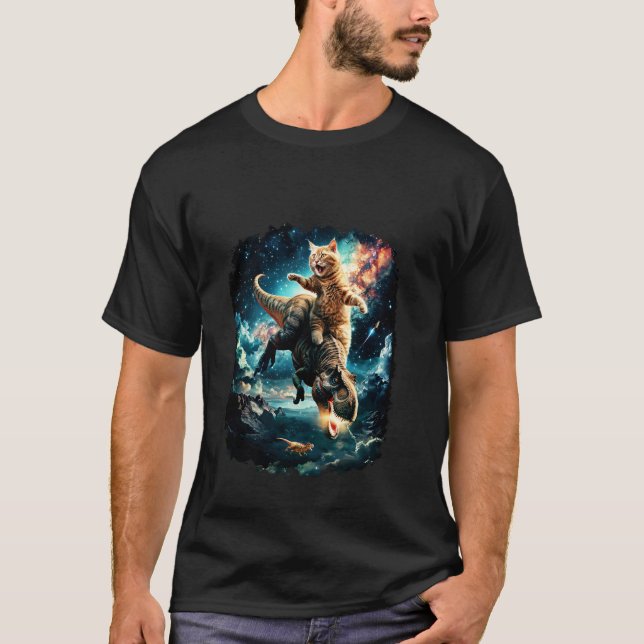 T-shirt Chat de l'espace chevauchant le dinosaure T Rex (Devant)