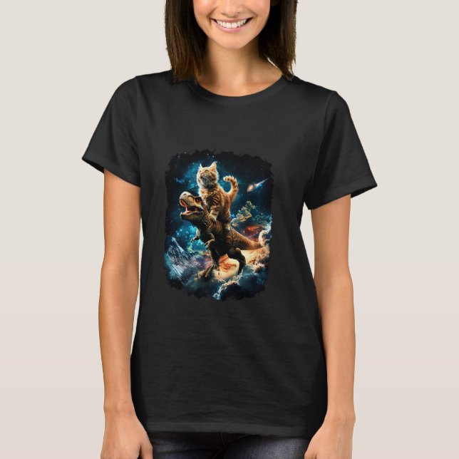 T-shirt Chat de l'espace chevauchant le dinosaure T Rex 1 (Devant)
