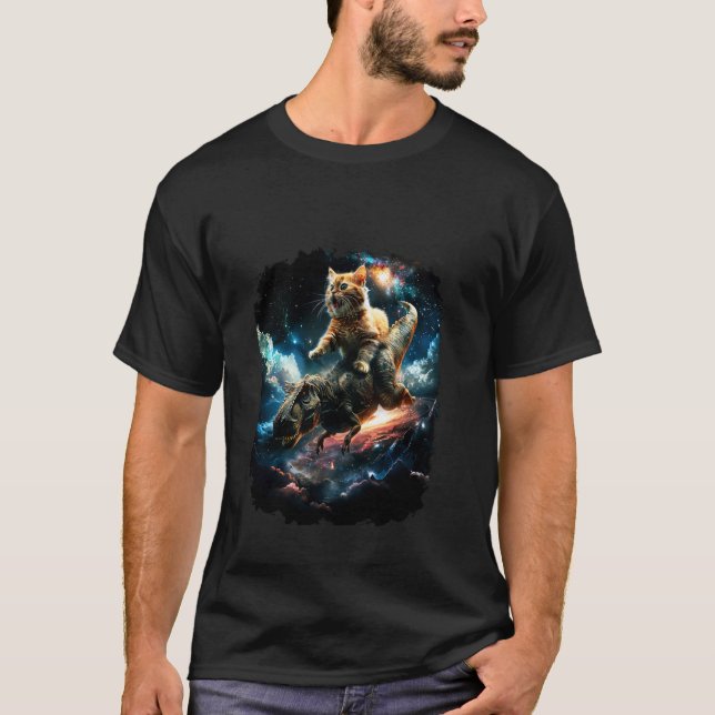 T-shirt Chat de l'espace chevauchant le dinosaure T Rex 2 (Devant)