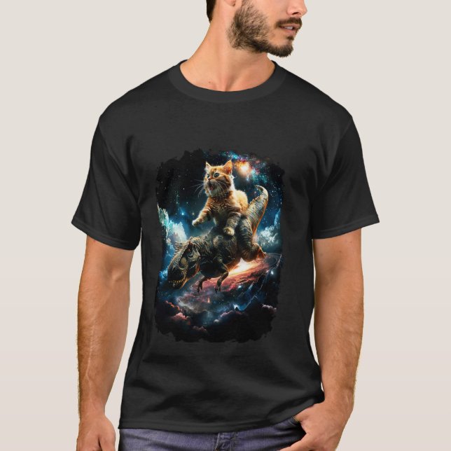 T-shirt Chat de l'espace chevauchant le dinosaure T Rex 2 (Devant)