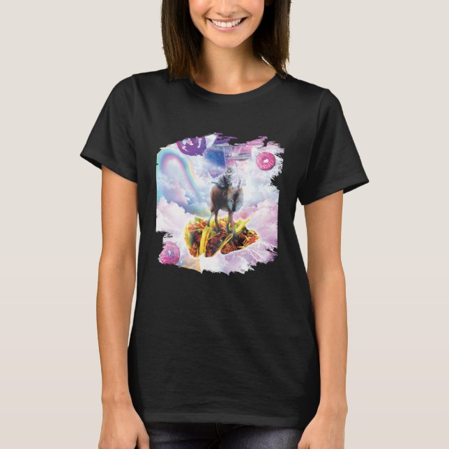 T-shirt Chat de l'espace chevauchant le loup Licorne Taco  (Devant)