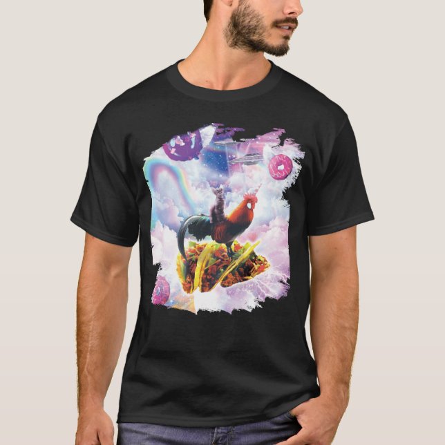 T-shirt Chat de l'espace chevauchant une licorne de poulet (Devant)