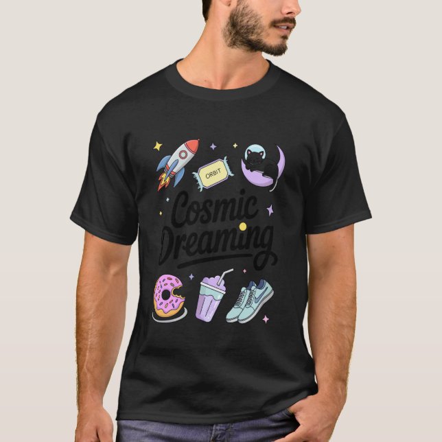 T-shirt Chat de l'espace de rêve cosmique Fusée de lune Ét (Devant)