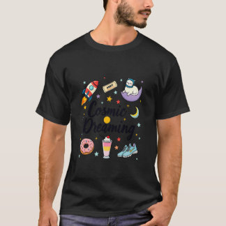 T-shirt Chat de l'espace rêvant cosmos Fusée Lune Étoiles 