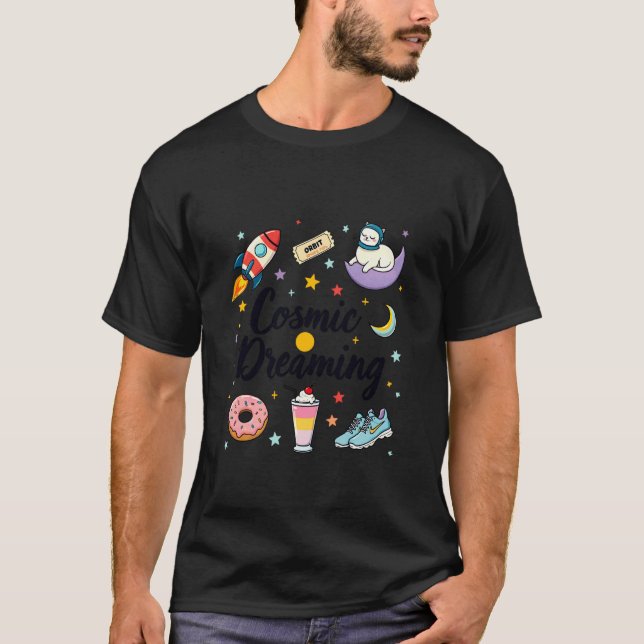 T-shirt Chat de l'espace rêvant cosmos Fusée Lune Étoiles  (Devant)