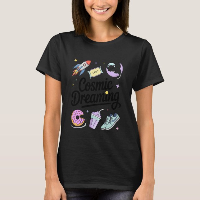 T-shirt Chat de l'espace rêvant de la lune fusée étoiles e (Devant)