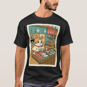 T-shirt Chat de Lucky Market regardant du poisson frais au