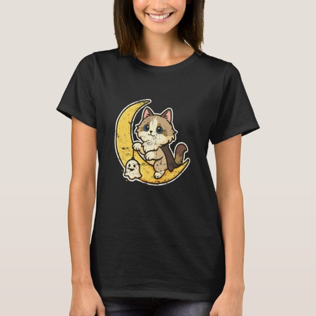 T-shirt Chat de Lune avec Petit Fantôme (Devant)