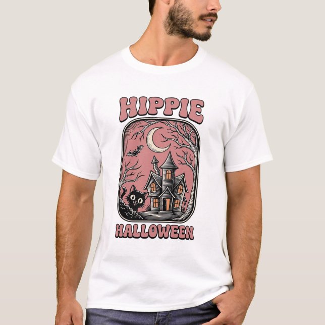 T-shirt Chat de maison hantée Halloween hippie Design vint (Devant)
