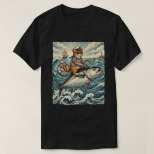 T-shirt Chat de marin drôle chevauchant un poisson Thon Vi