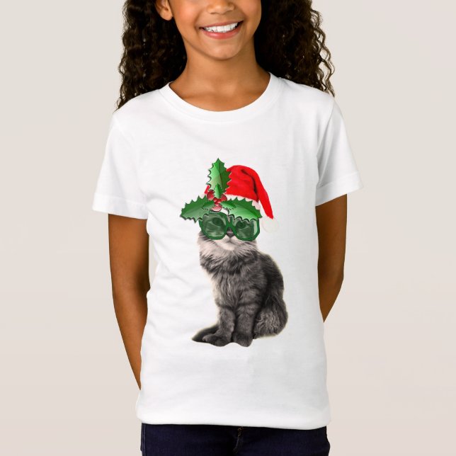T-Shirt Chat de mode pose avec le casquette du Père Noël (Devant)