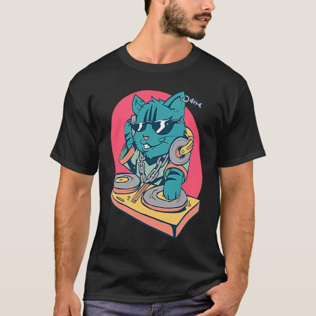 T-shirt Chat de musique DJ cool (Devant)