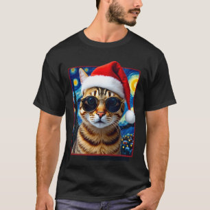 T-shirt Chat de Noël au tabby orange Nuit étoilée